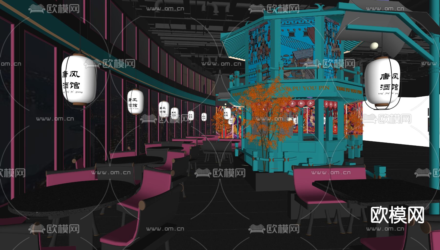 新中式餐厅su模型下载（渲染图1）