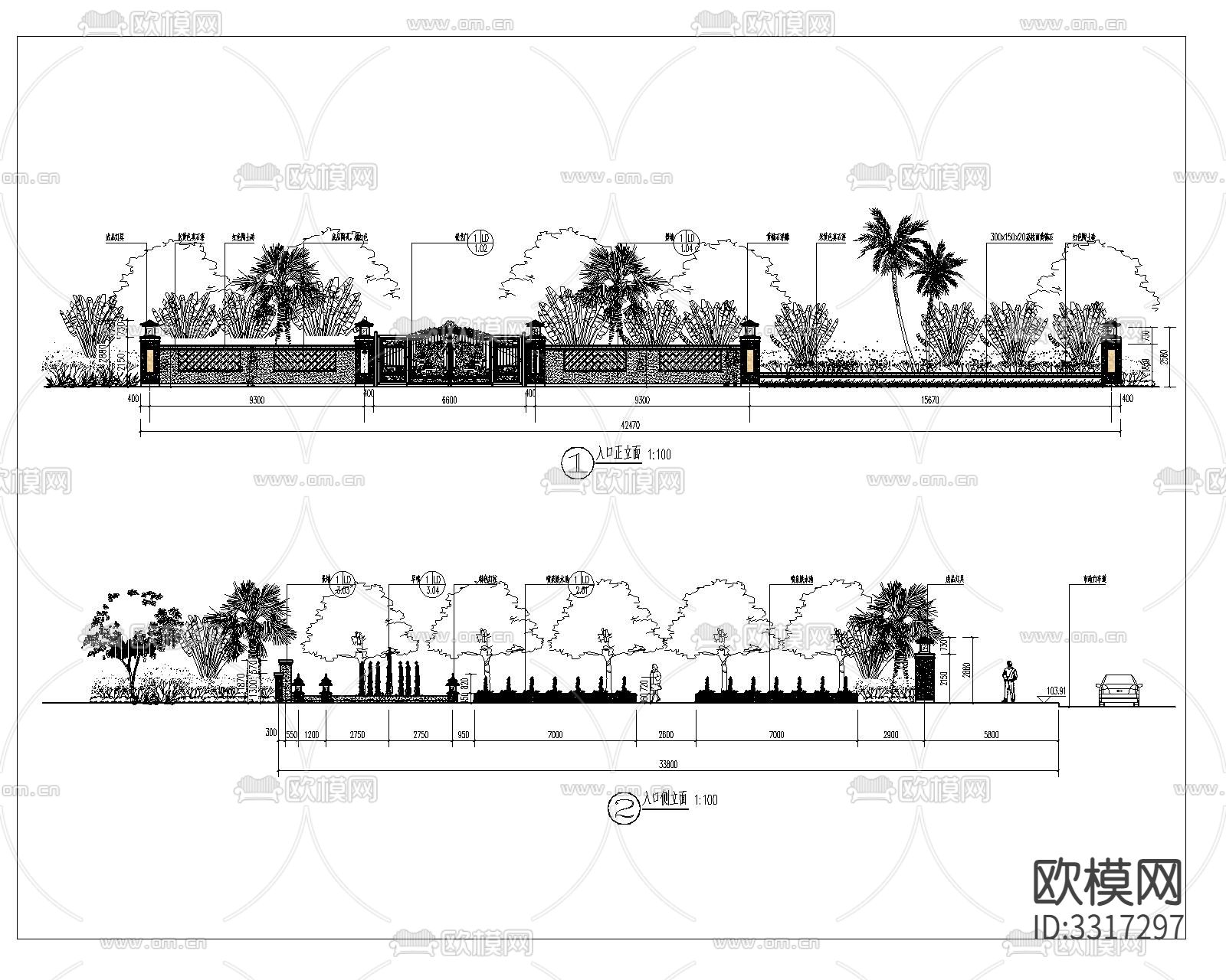 入口大门cad立面图下载