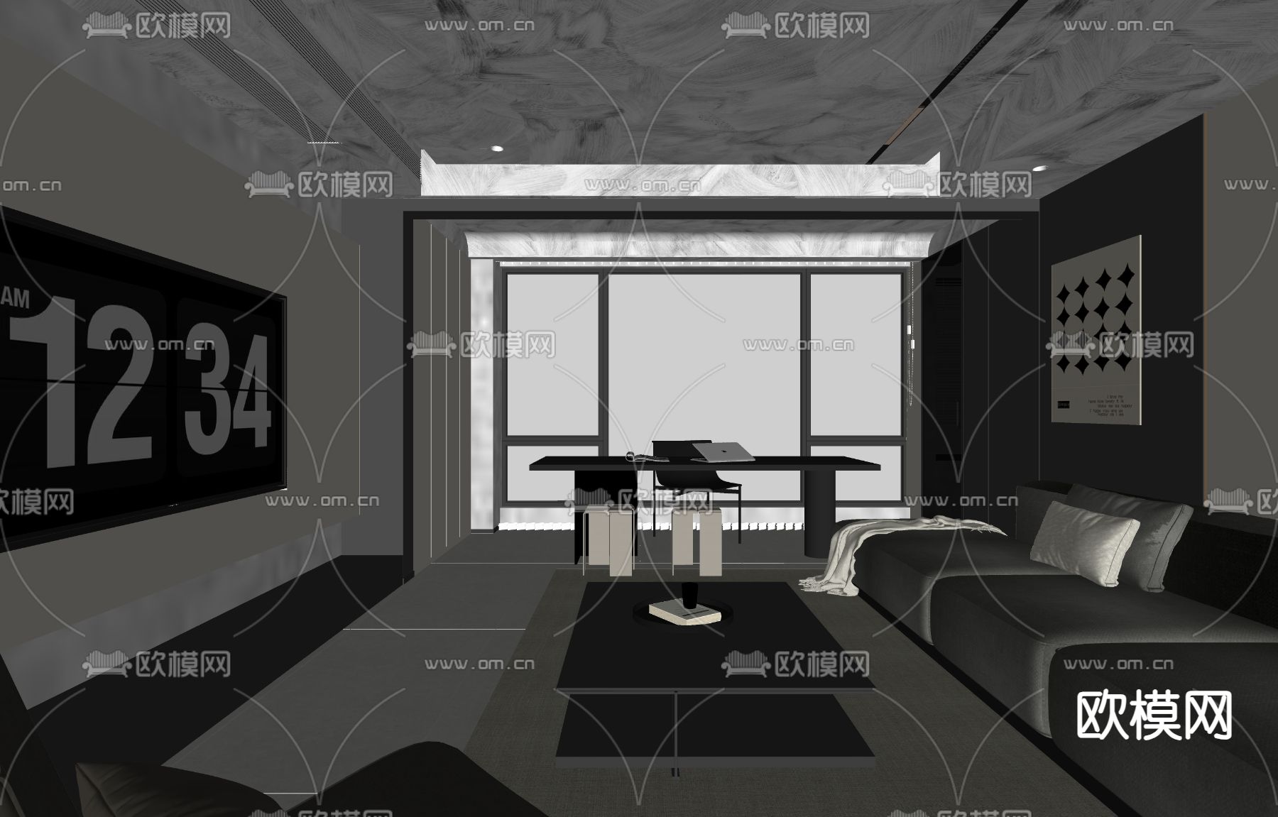 高级灰客厅su模型下载（渲染图1）