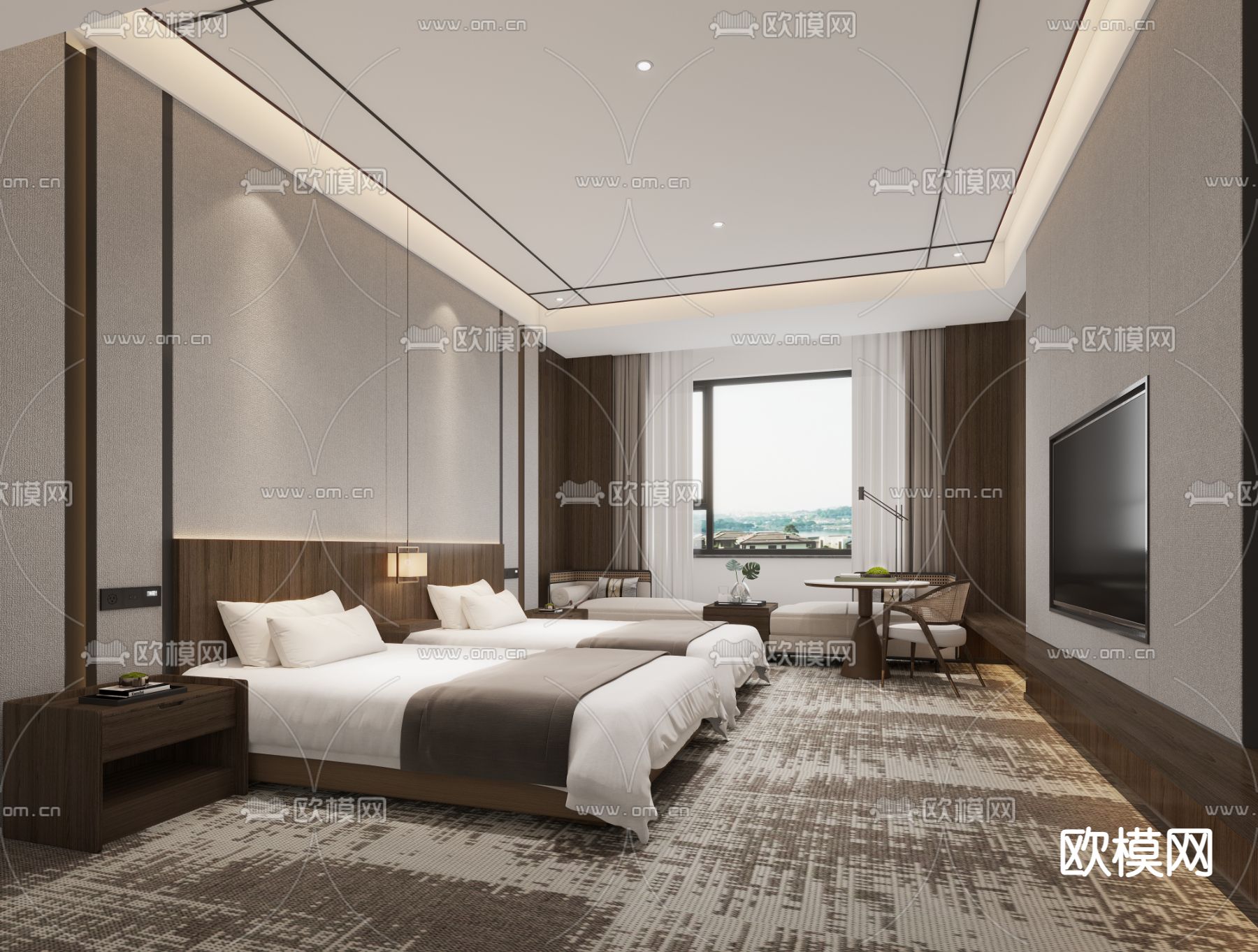 客房 双床房3d模型下载（渲染图1）