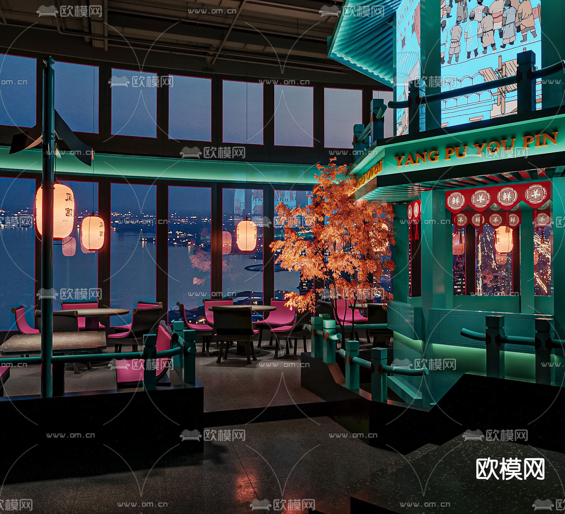 新中式餐厅su模型下载（渲染图3）