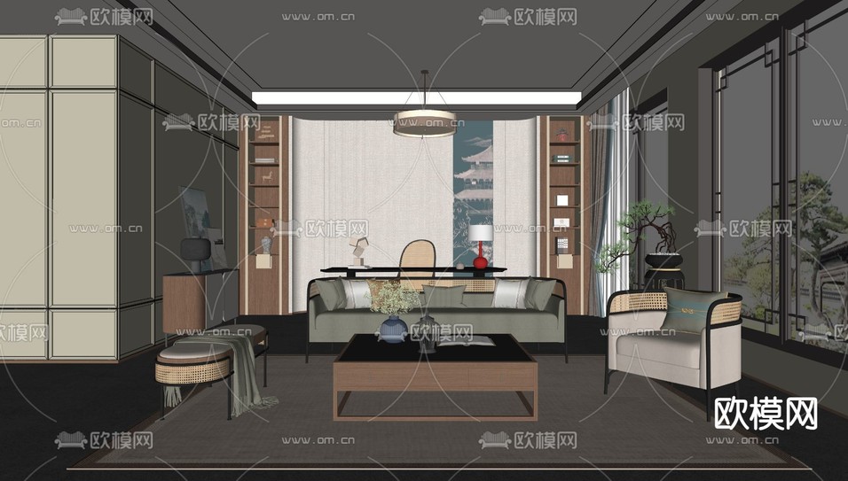 新中式客厅su模型下载(渲染图1)