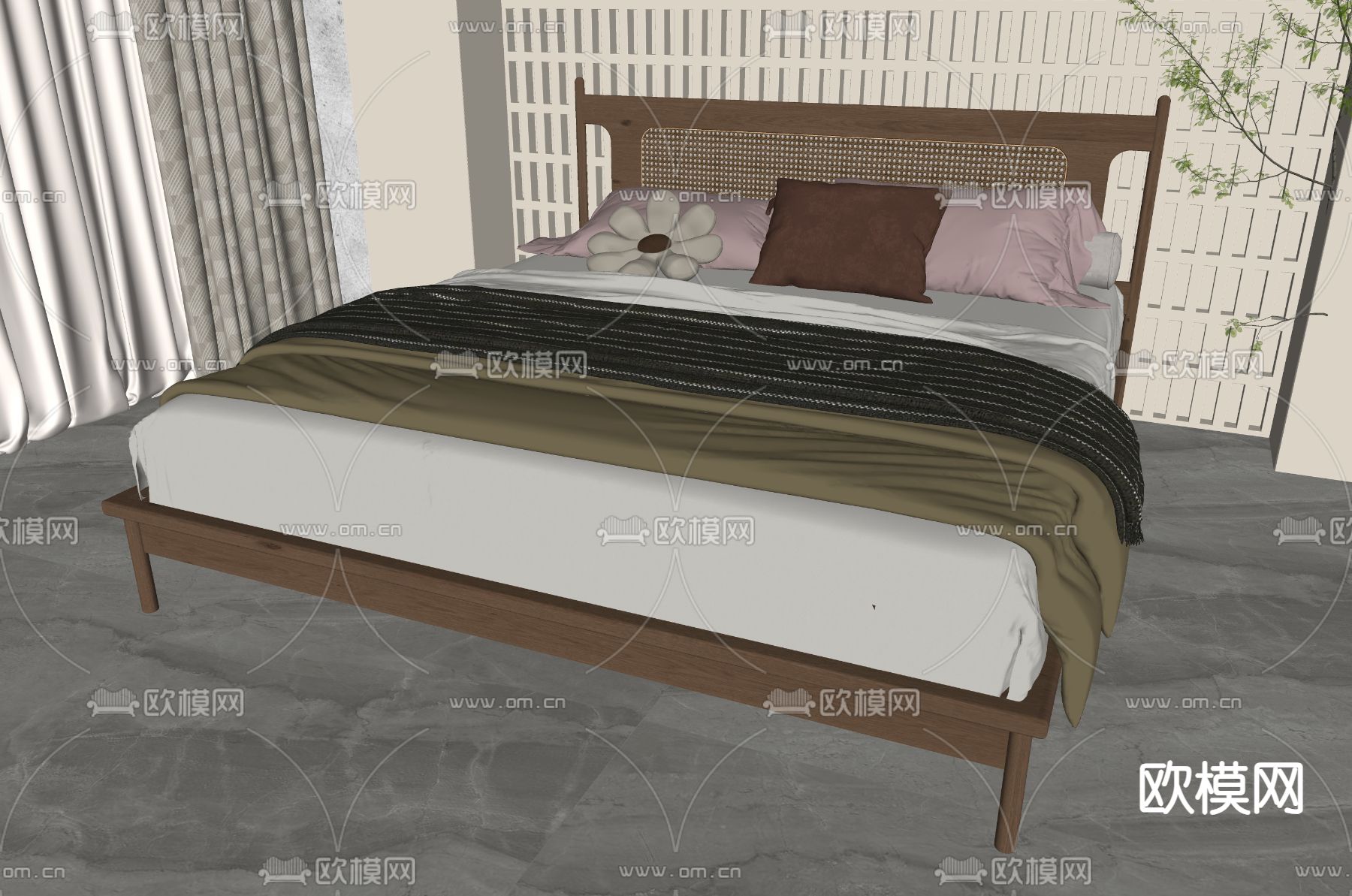 北欧双人床su模型下载（渲染图1）