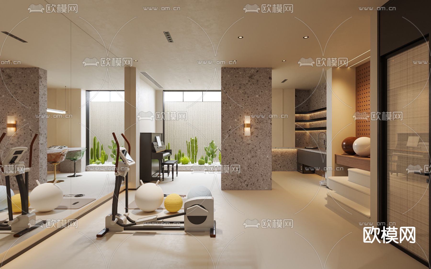 健身房 健身区3d模型下载（渲染图1）