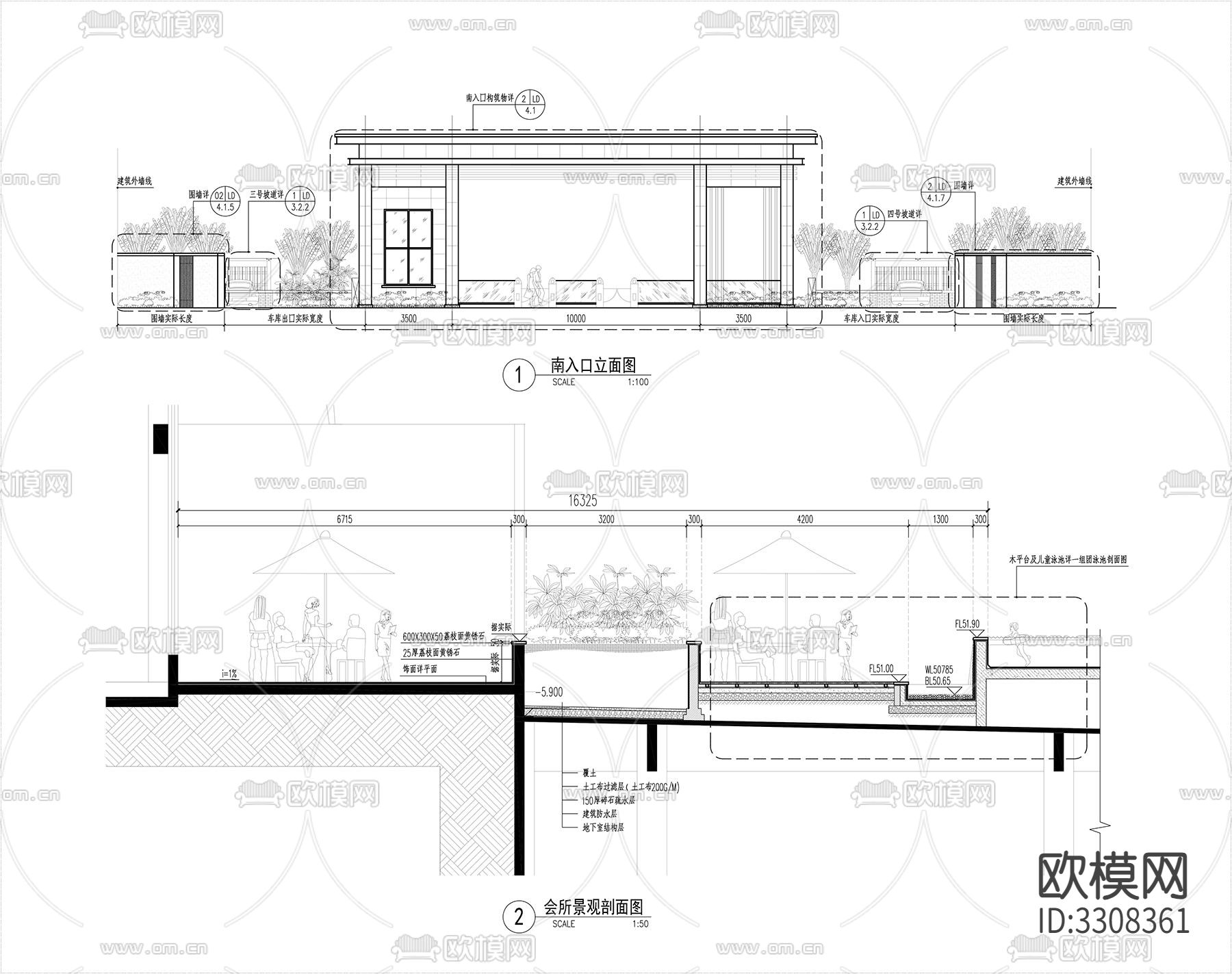 小区入口cad立面图下载