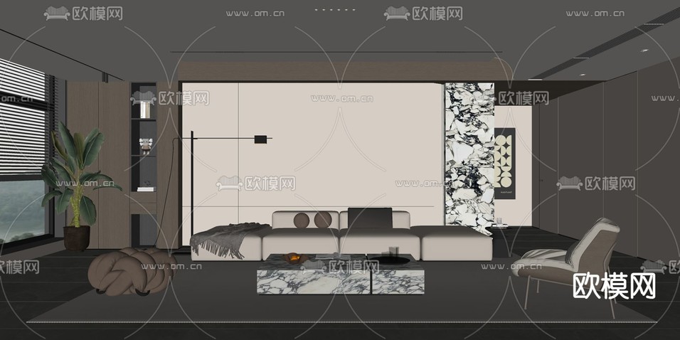 现代客厅su模型下载(渲染图1)