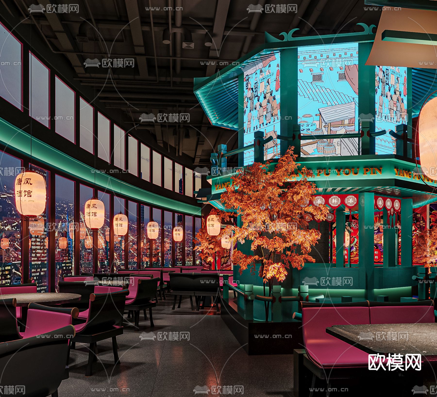 新中式餐厅su模型下载（渲染图2）