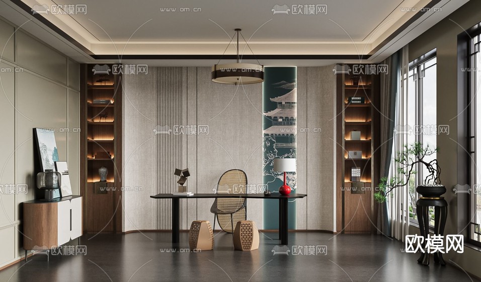 新中式客厅su模型下载(渲染图3)