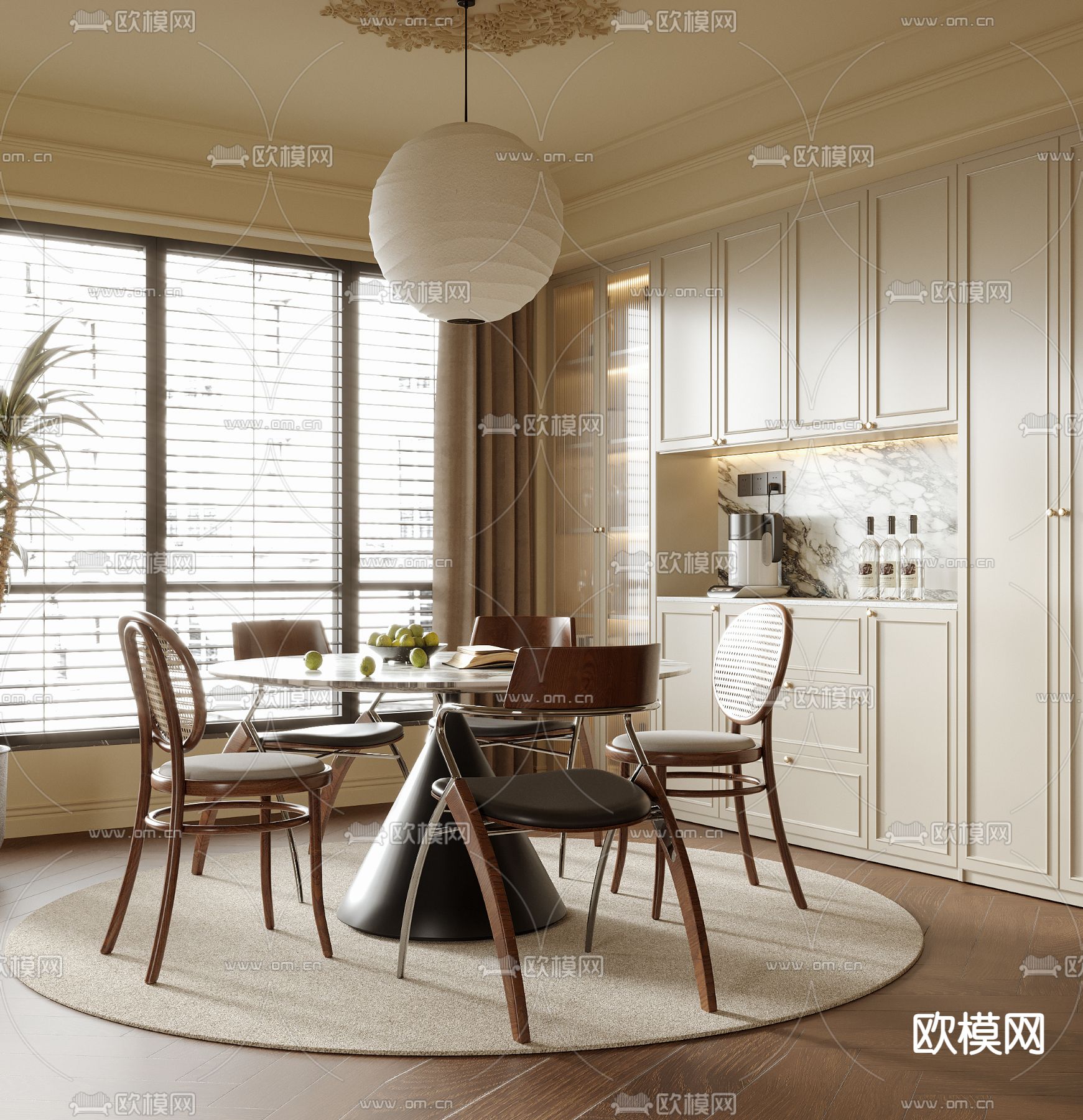 法式复古餐厅 圆餐桌su模型下载（渲染图1）