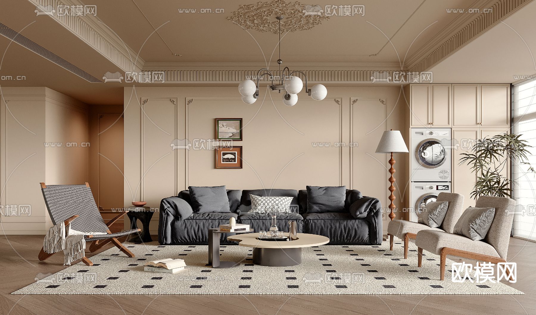 法式客厅su模型下载（渲染图2）