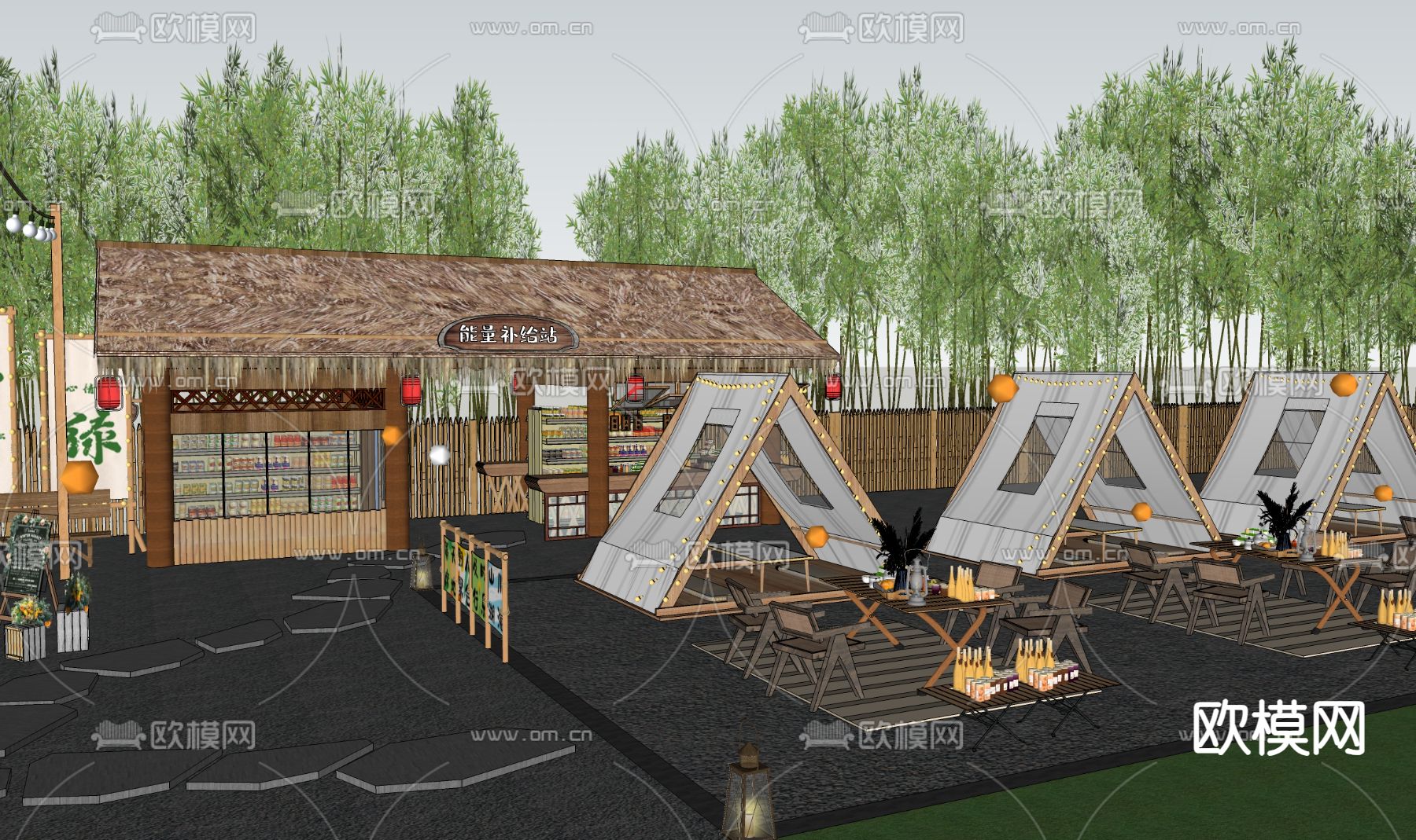 日式露营庭院 花园餐厅su模型下载（渲染图2）