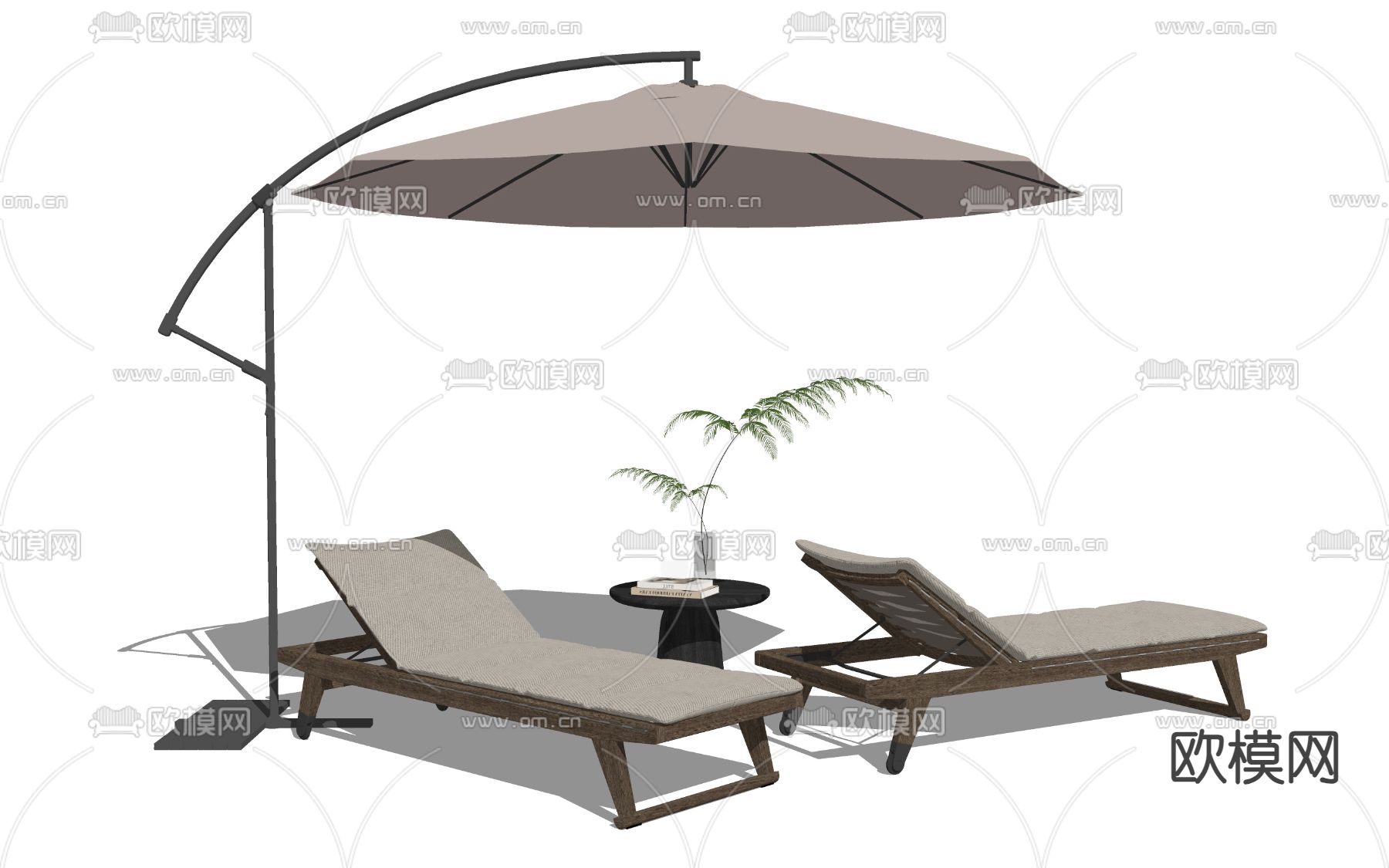 现代户外躺椅 遮阳伞su模型下载（渲染图2）