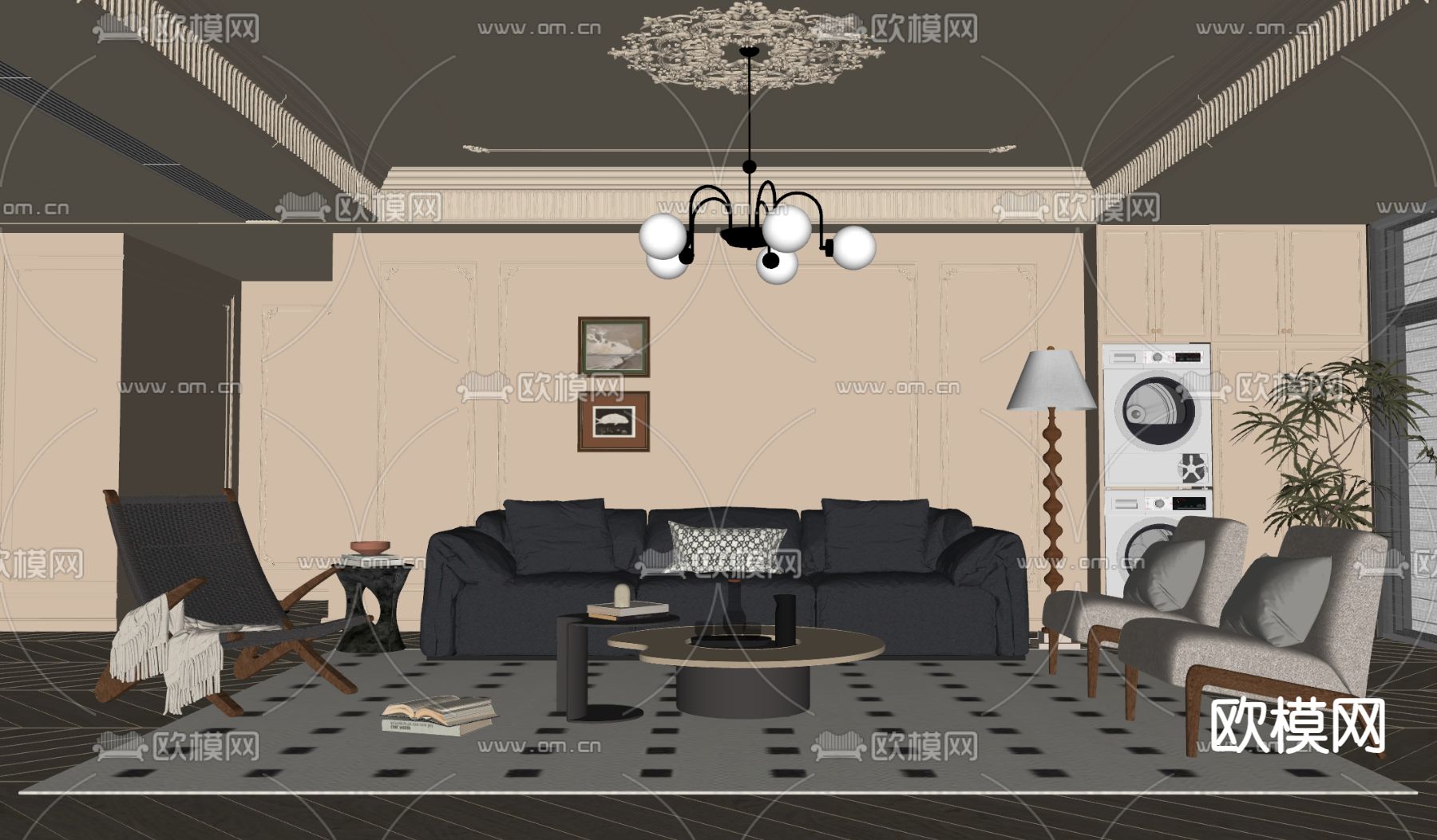法式客厅su模型下载（渲染图1）