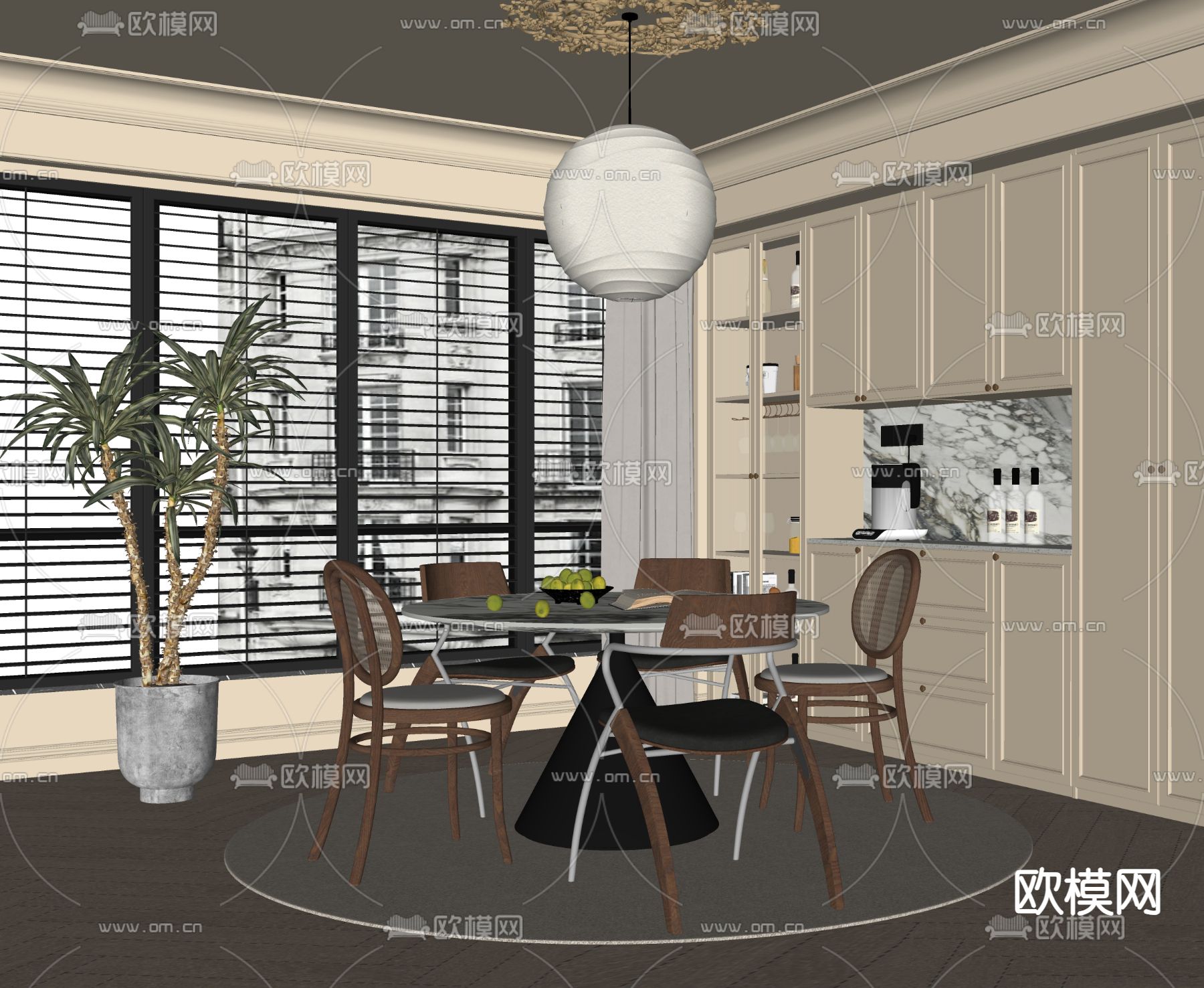 法式复古餐厅 圆餐桌su模型下载（渲染图2）