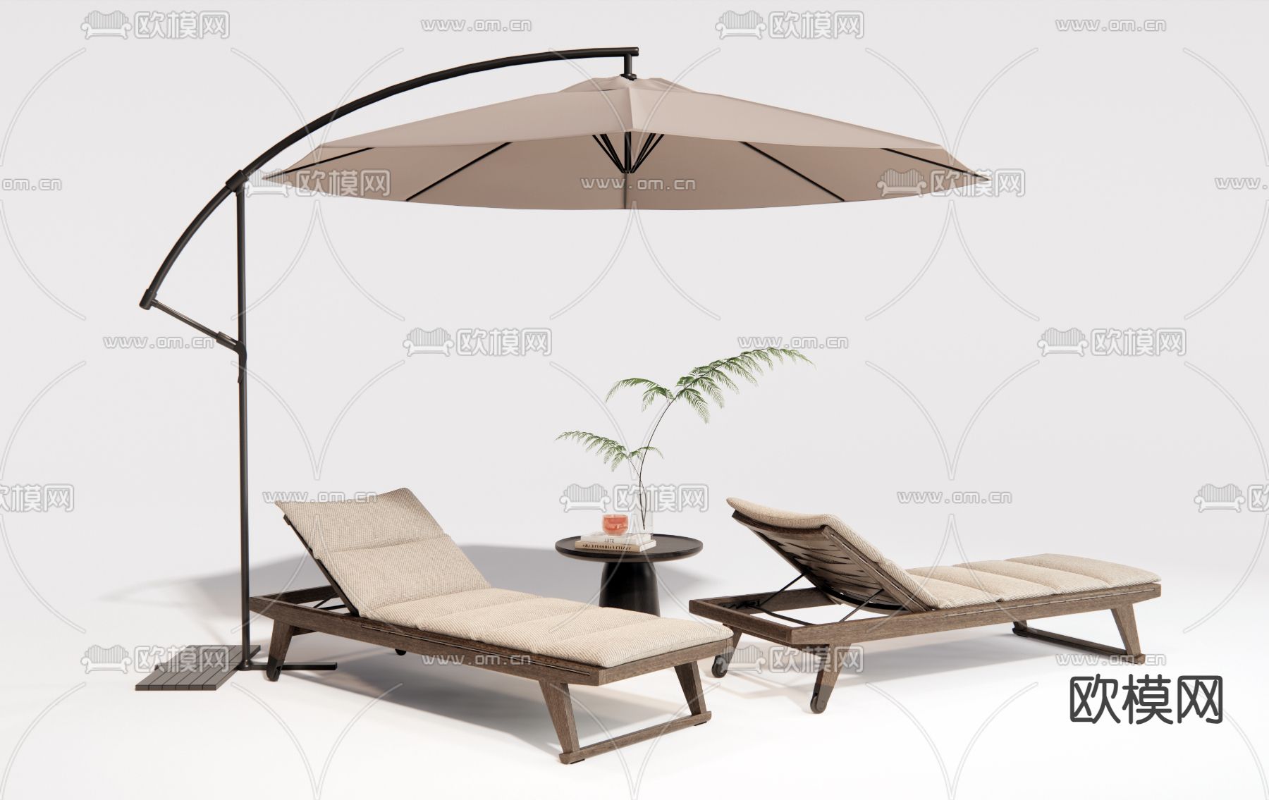 现代户外躺椅 遮阳伞su模型下载（渲染图1）