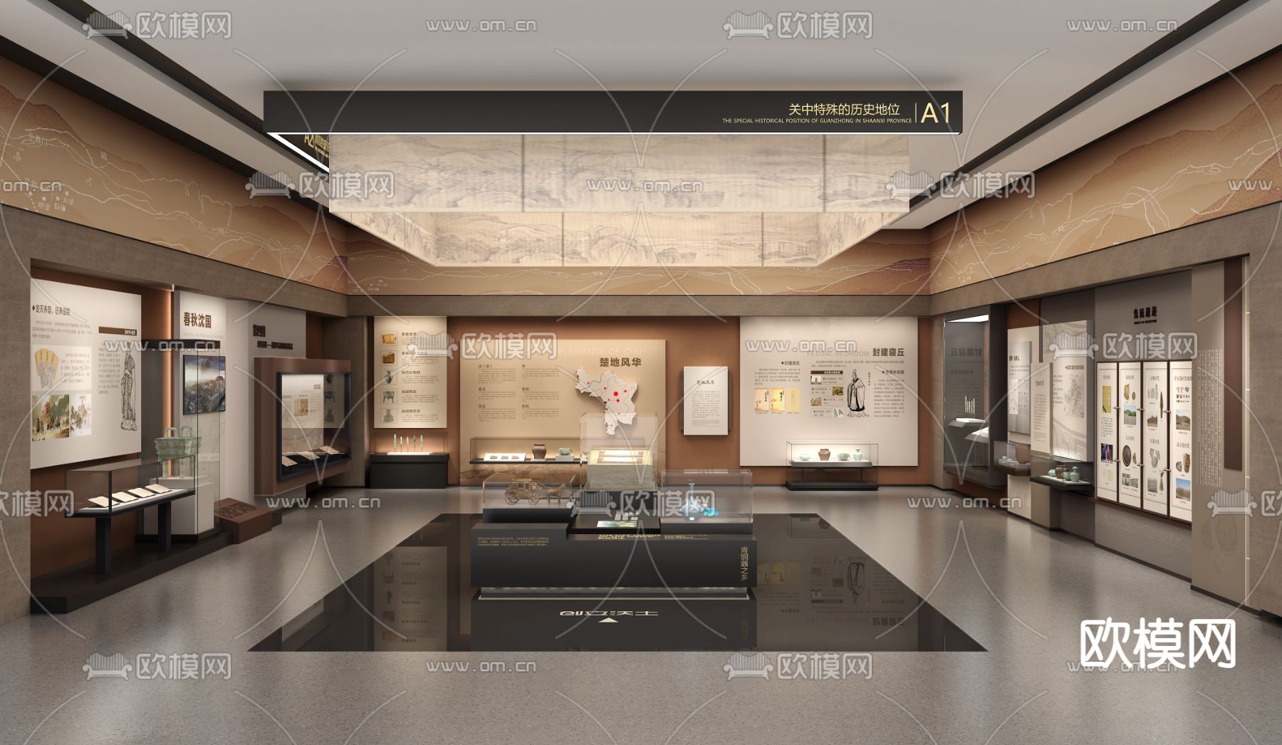 新中式展厅 农耕展墙3d模型下载（渲染图1）