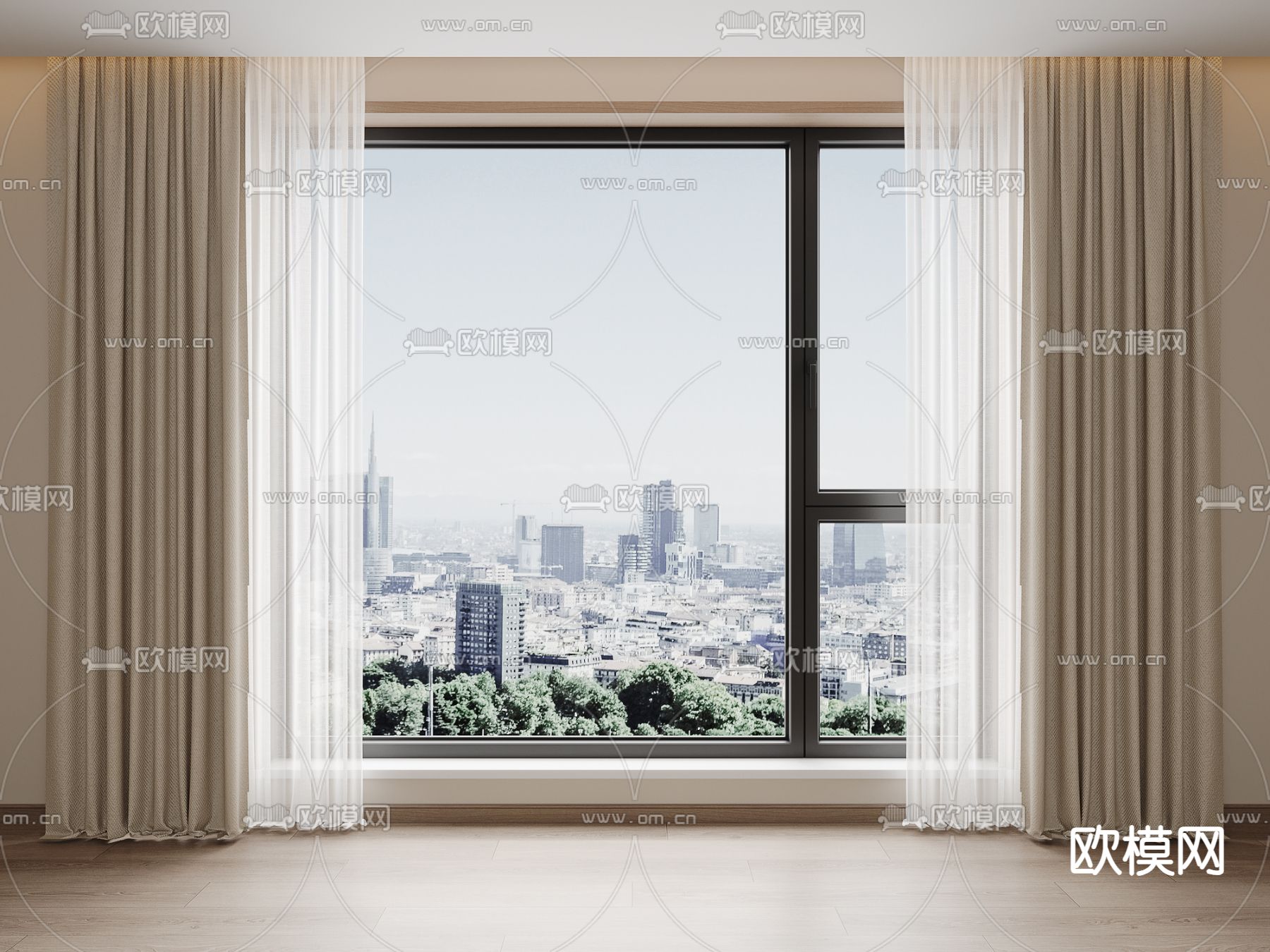 奶油风窗帘 窗纱su模型下载（渲染图2）