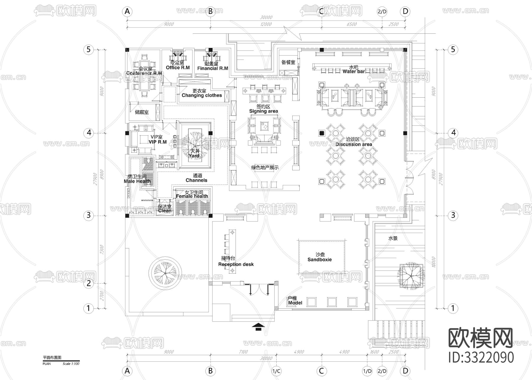 720㎡售楼处cad平面图下载（渲染图1）
