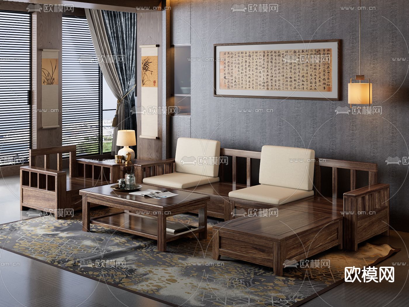 新中式客厅组合沙发3d模型下载
