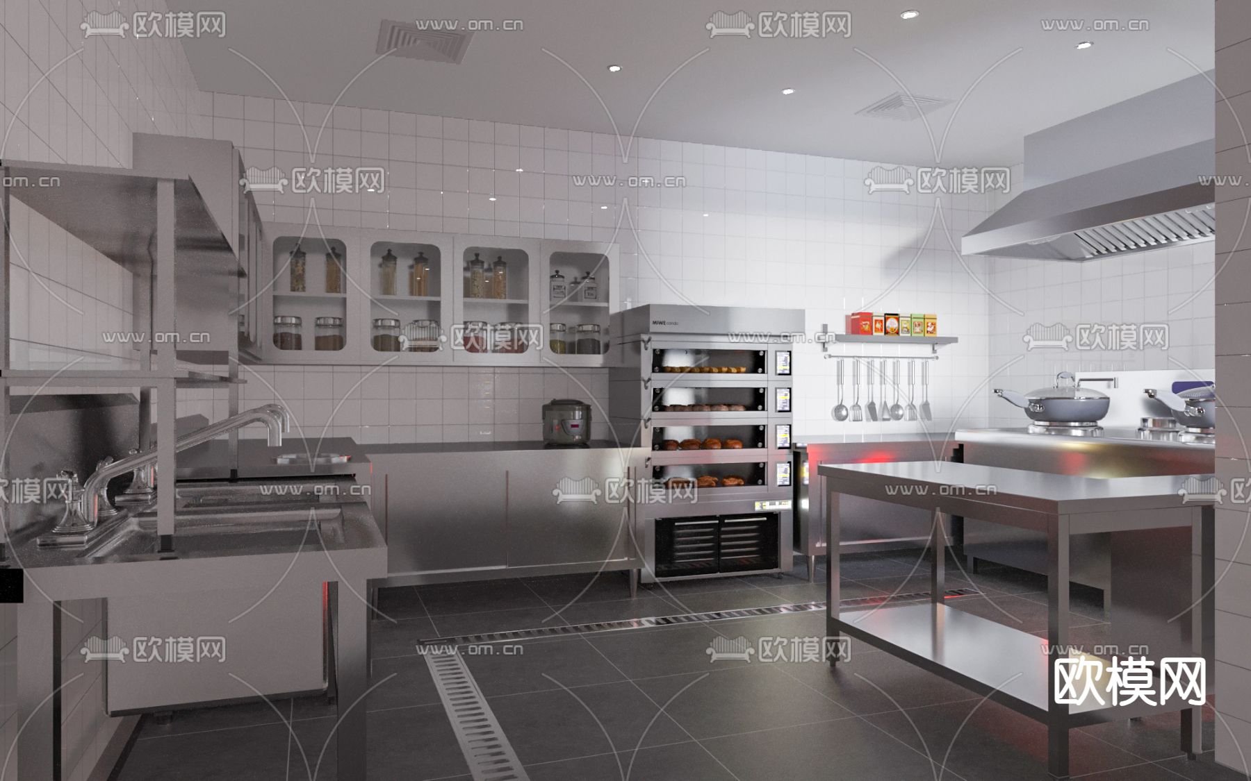 现代后厨 酒店厨房su模型下载（渲染图2）
