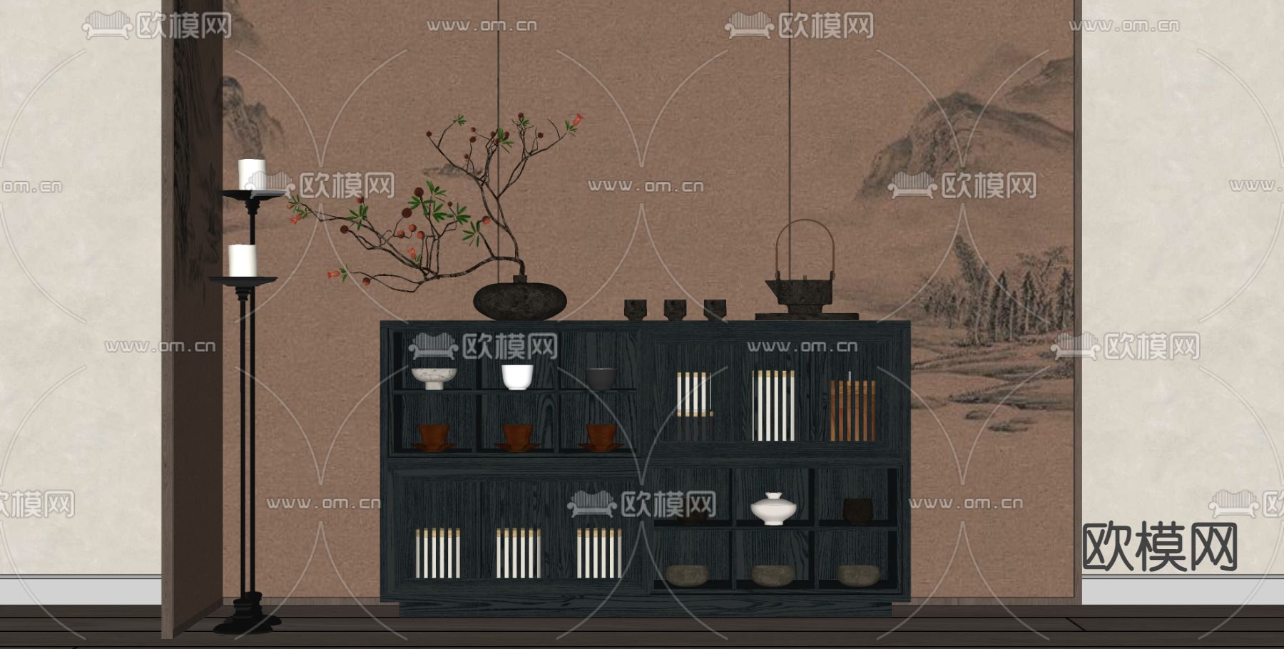 新中式储物柜su模型下载（渲染图1）