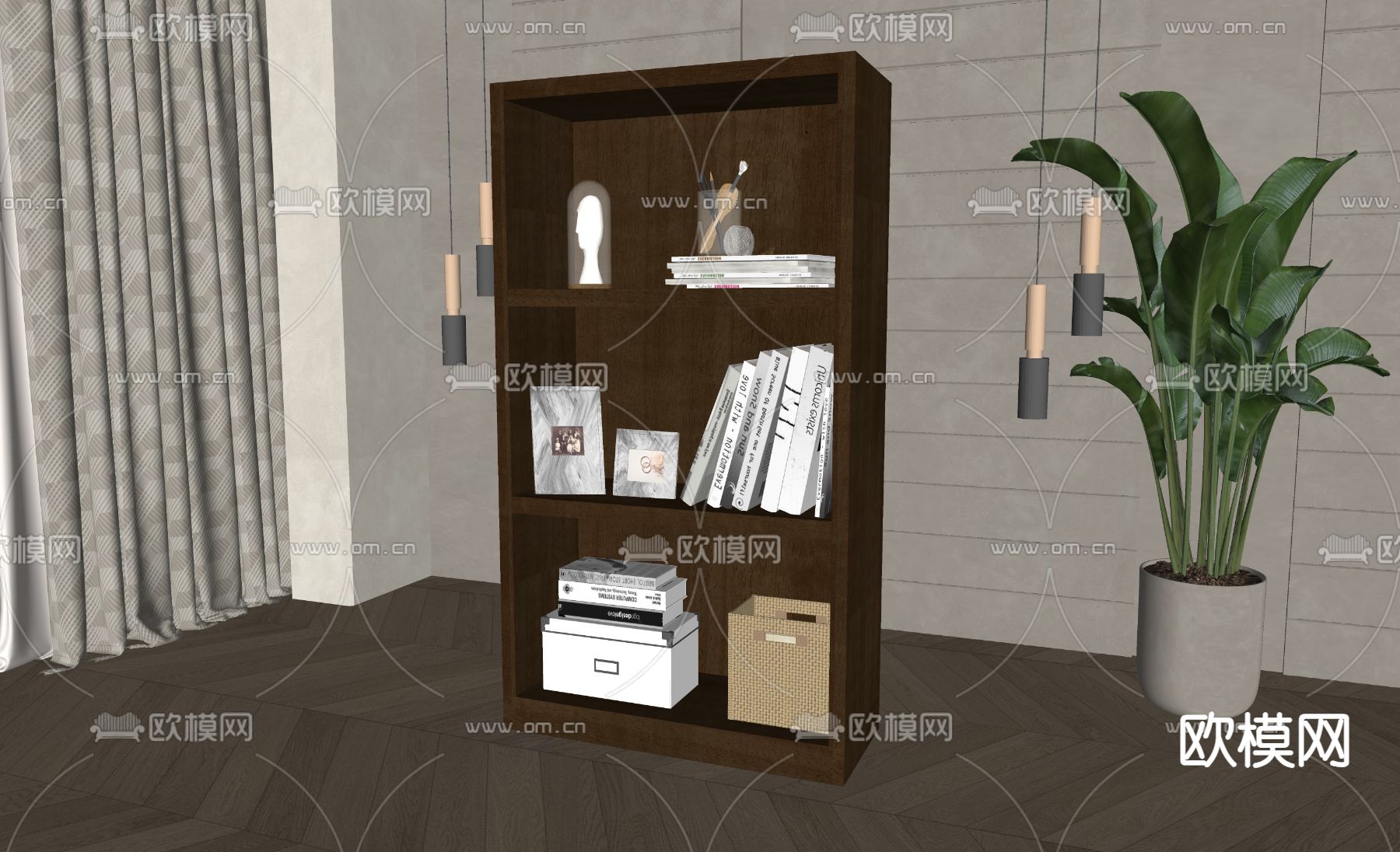 美式书柜su模型下载（渲染图1）