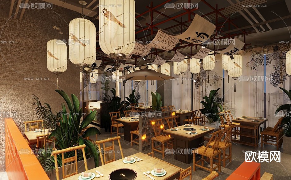新中式火锅店3d模型下载_ID15277508_3dmax免费模型-欧模网