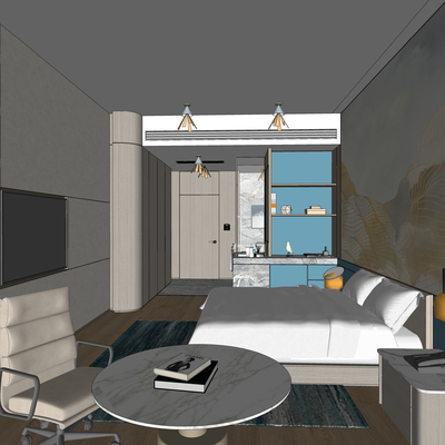  新中式酒店 客房su模型 