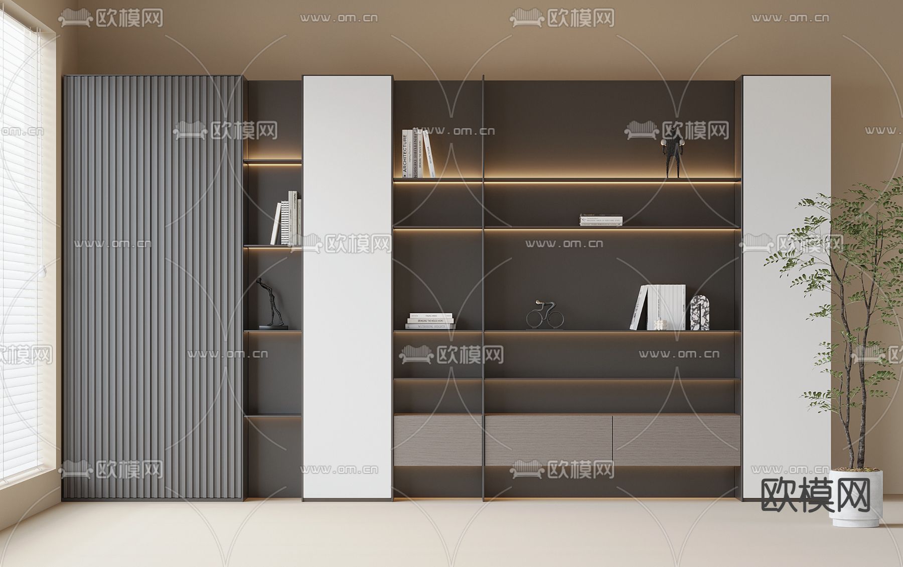 高级灰书柜3d模型下载