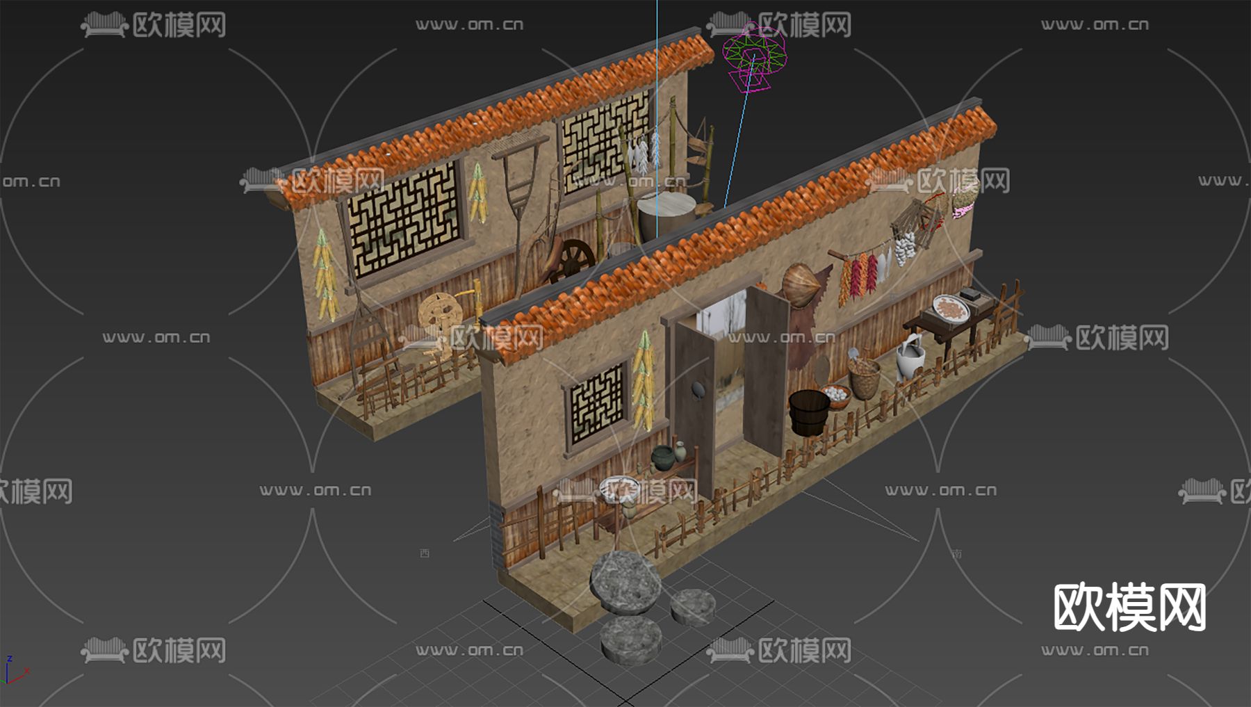 中式农具农家乐 农家摆件 农耕农具3d模型下载（渲染图2）