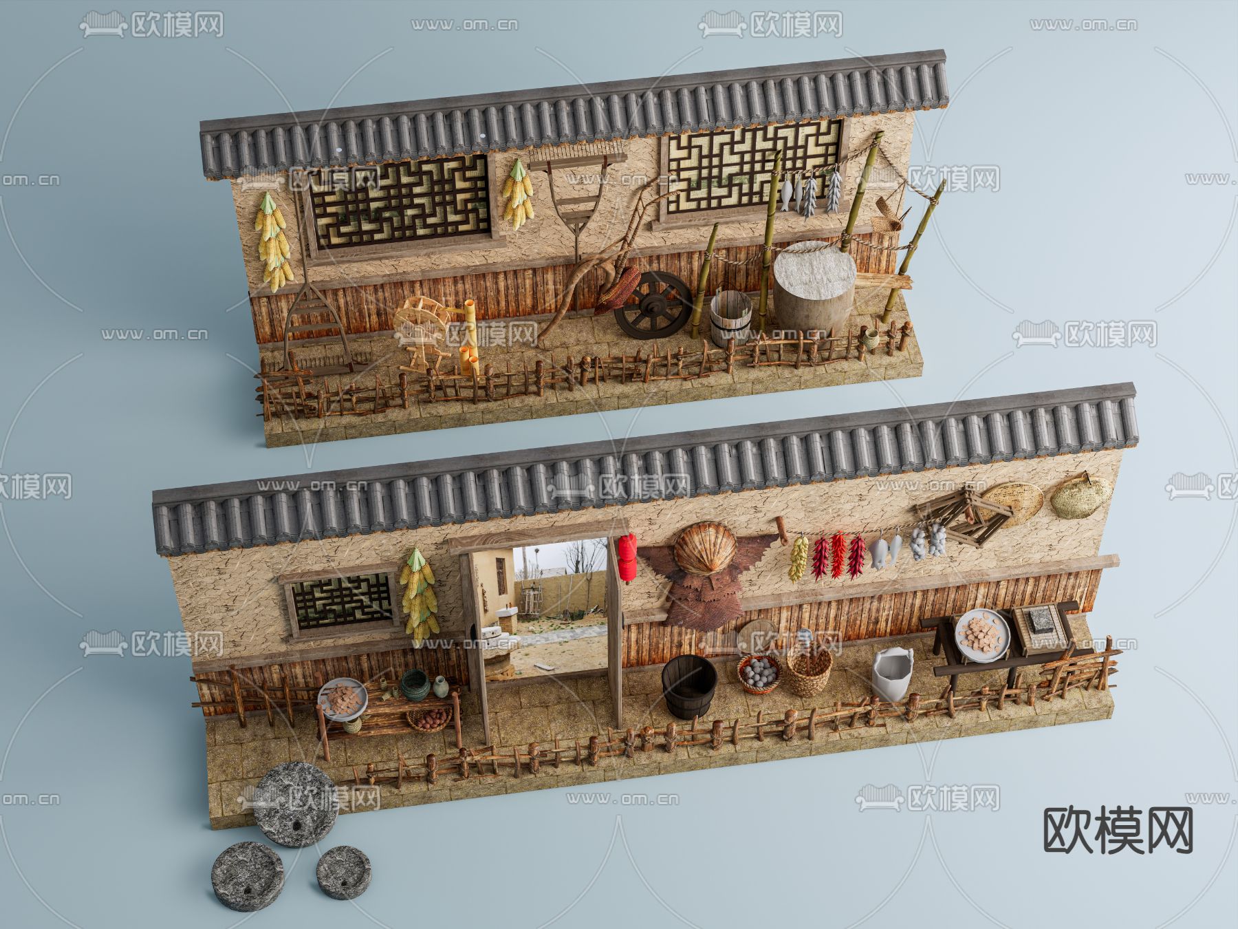 中式农具农家乐 农家摆件 农耕农具3d模型下载（渲染图1）