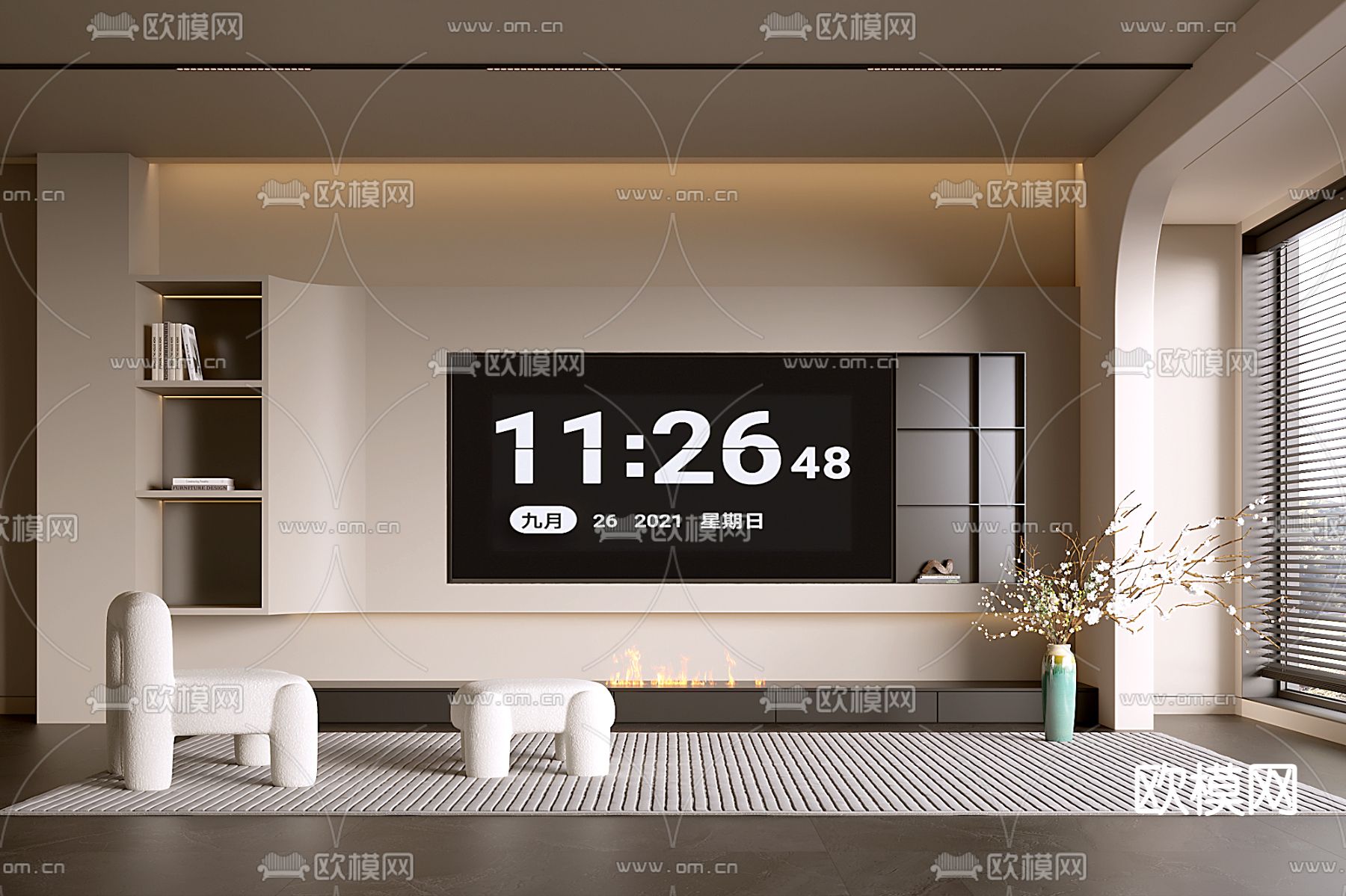 奶油风电视背景su模型