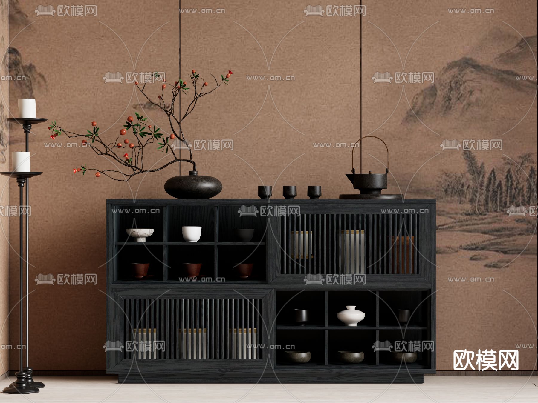 新中式储物柜su模型下载（渲染图2）