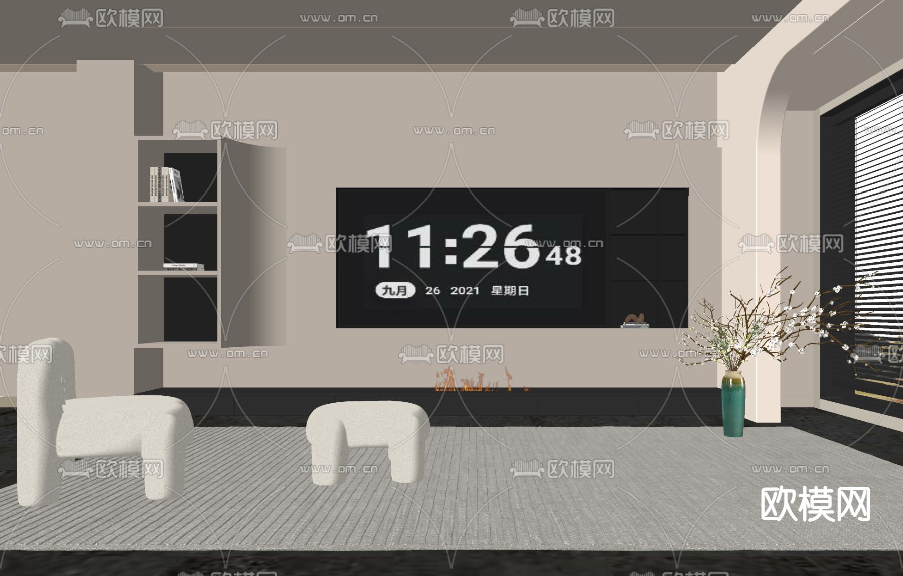 奶油风电视背景su模型