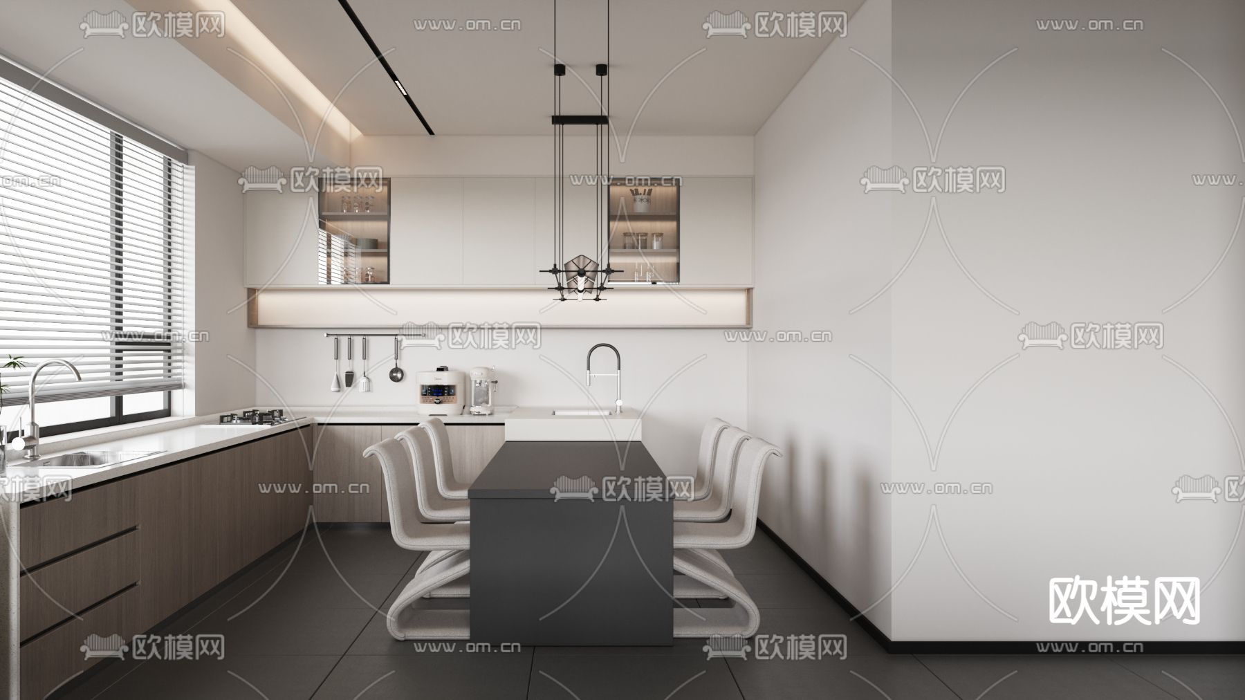 黑白灰客餐厅3d模型下载（渲染图2）