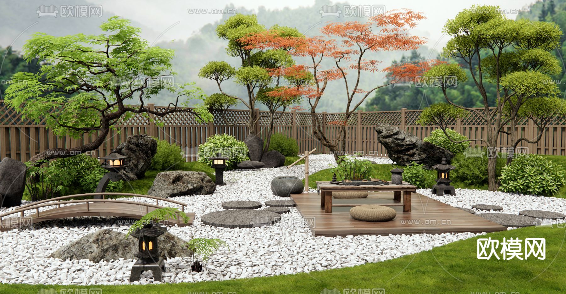 日式枯山水 庭院景观su模型下载（渲染图1）