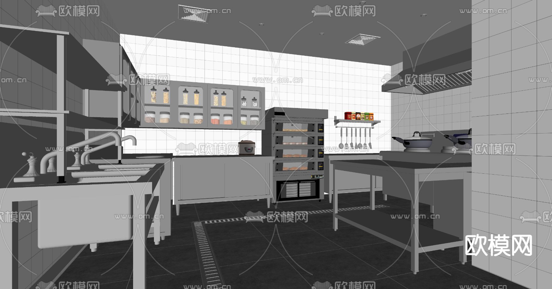 现代后厨 酒店厨房su模型下载（渲染图1）