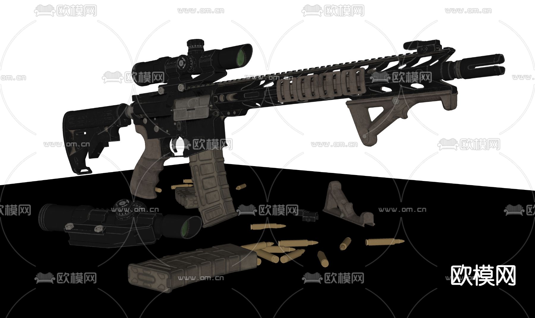 现代军用步枪 军事枪械 武器零件su模型下载（渲染图2）