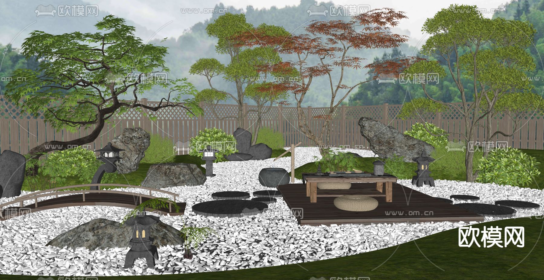 日式枯山水 庭院景观su模型下载（渲染图2）