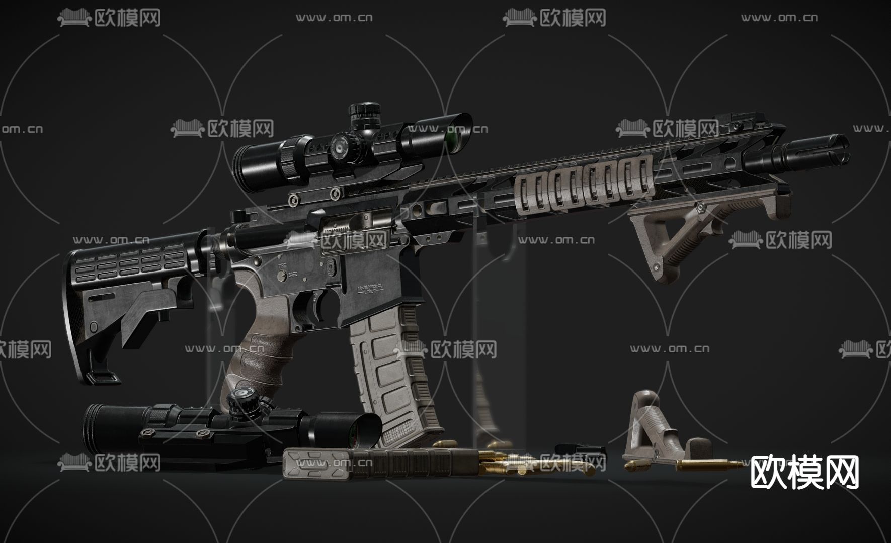 现代军用步枪 军事枪械 武器零件su模型下载（渲染图1）