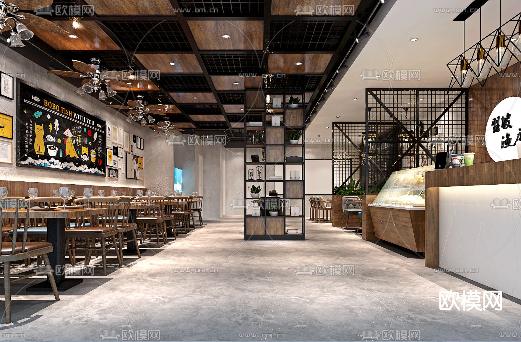 工业风中餐厅3d模型下载（渲染图1）