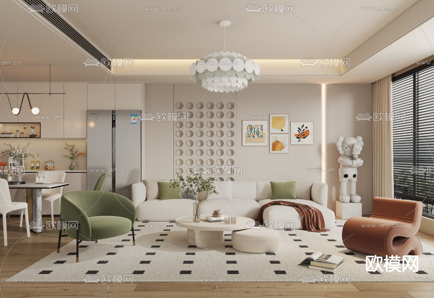 奶油风客餐厅3d模型下载