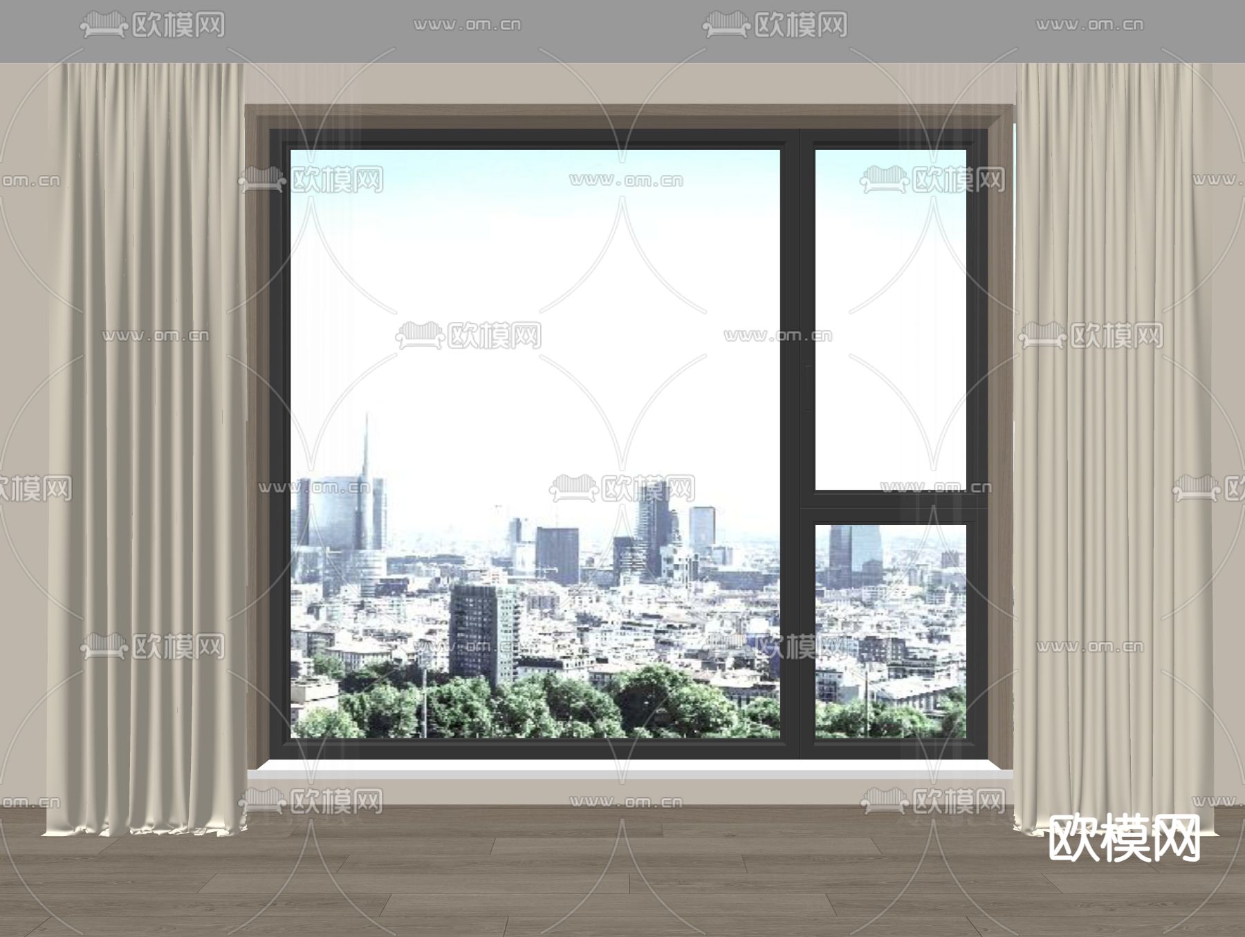 奶油风窗帘 窗纱su模型下载（渲染图1）