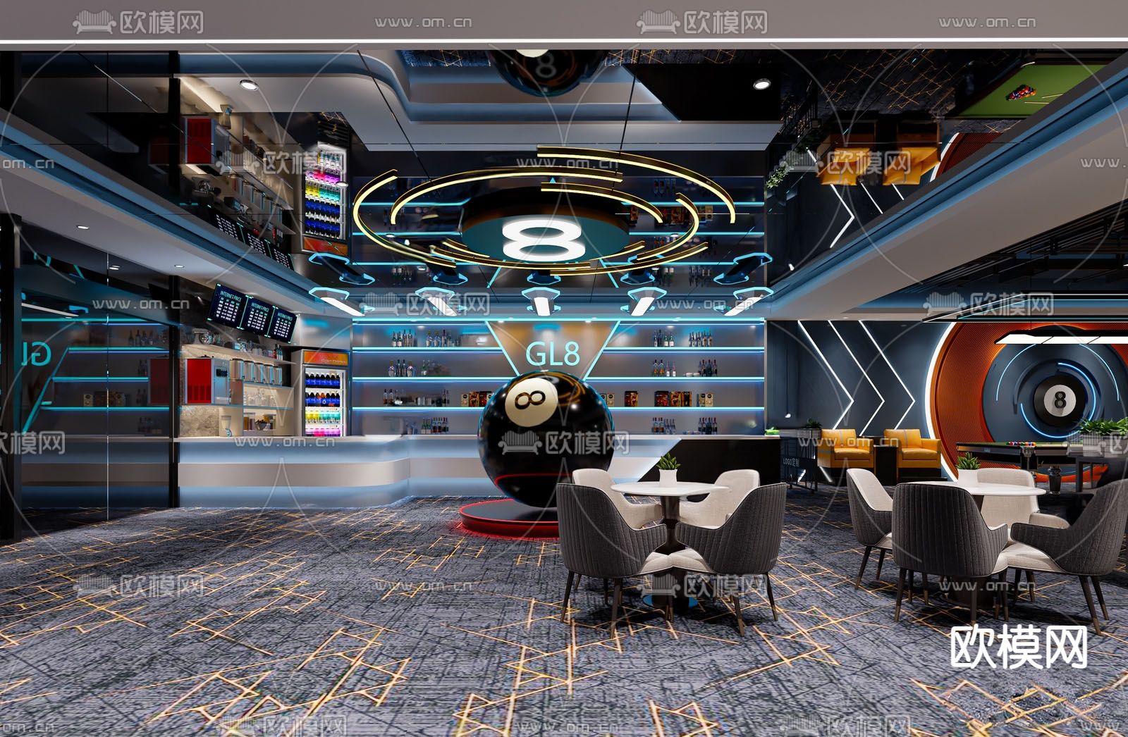 现代台球室 桌球厅3d模型下载