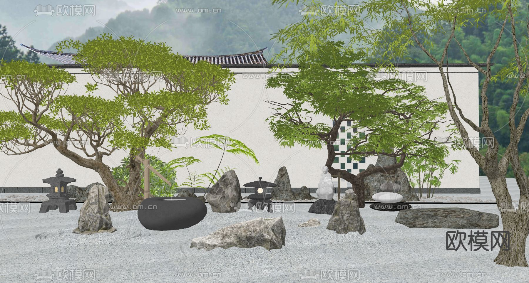 日式枯山水 庭院景观su模型下载（渲染图2）