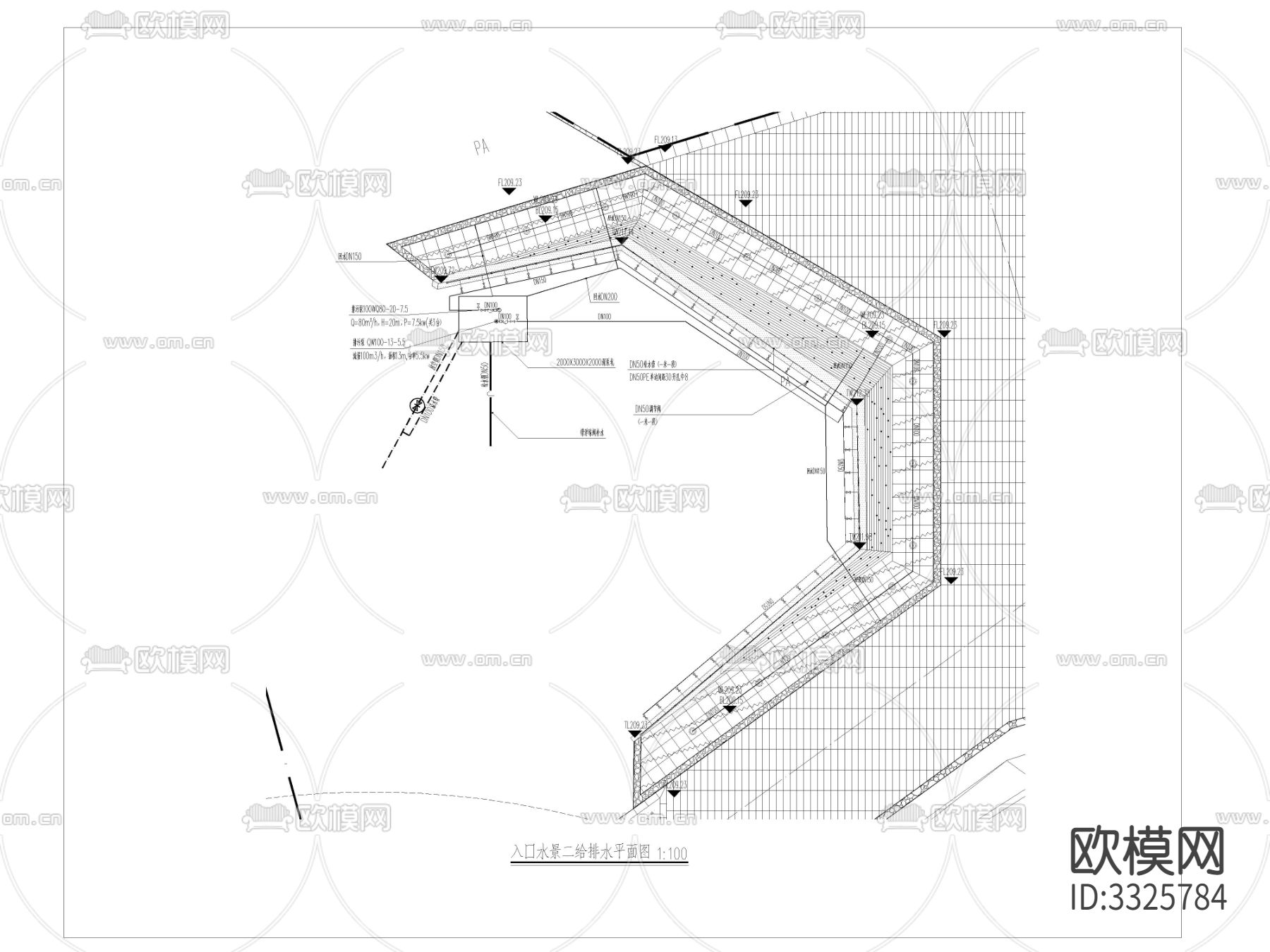 入口水景二详图 平面图剖面图下载（渲染图1）