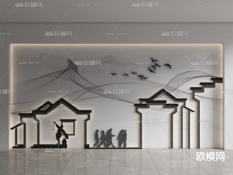 中式背景墙 山水画背景墙3d模型下载