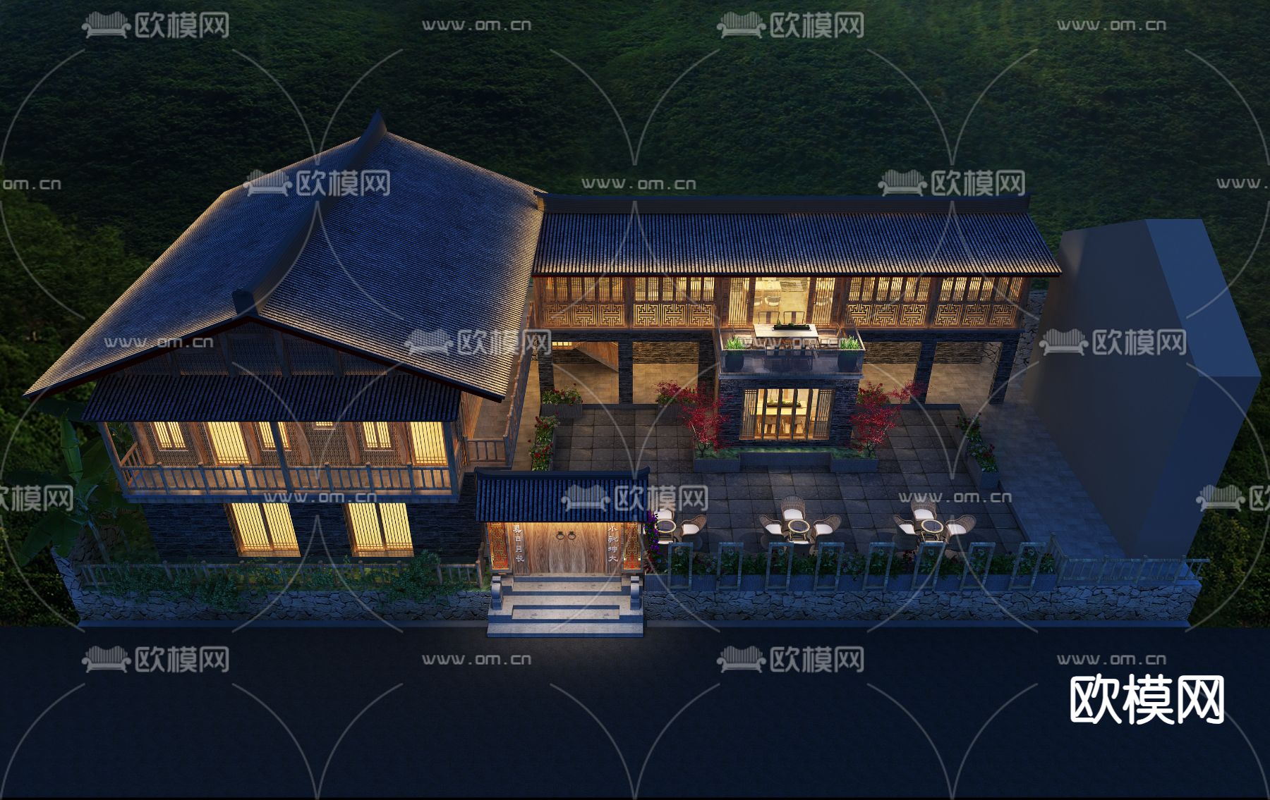 民宿鸟瞰 夜景3d模型下载