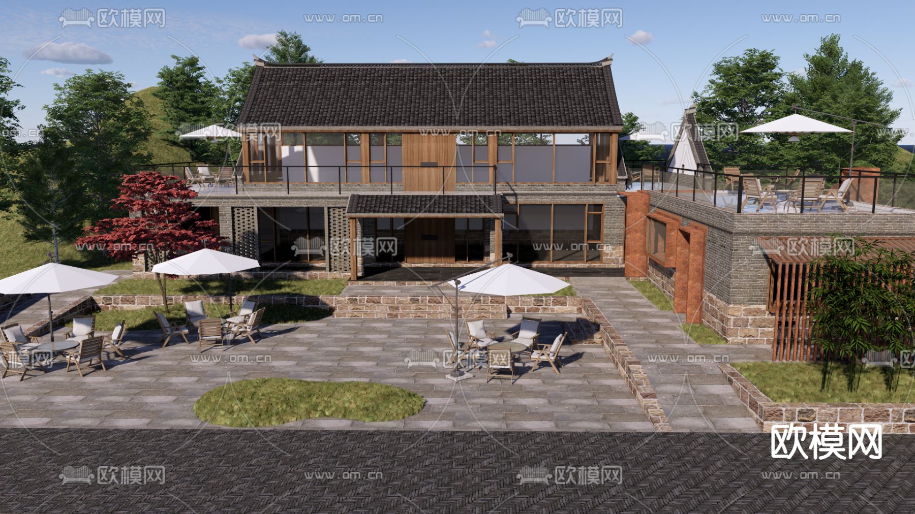 新中式山地民宿 酒店su模型下载（渲染图2）