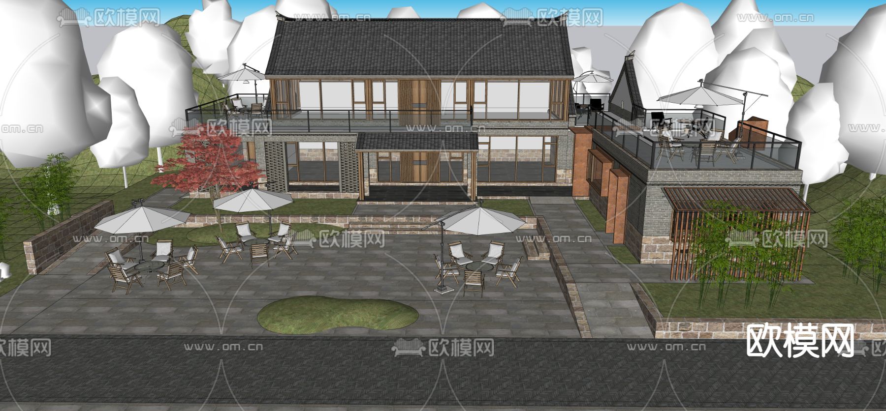 新中式山地民宿 酒店su模型下载（渲染图1）